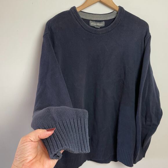 Eddie Bauer Crewneck Sweater Cotton Navy 2XL Heavy Preppy Classic Minimalist - Picture 2 of 7
